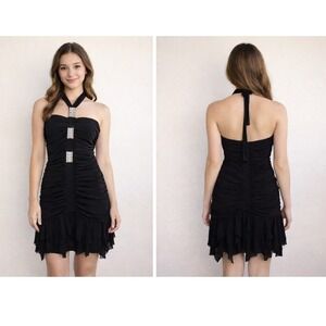 NWT Y2K Jessica McClintock Black Ruched Rhinestone Halter Prom Dress – Size 12